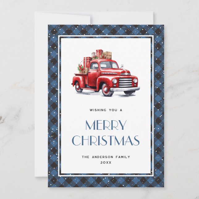 Retro Red Truck Blue Plaid Merry Christmas Card (Front)