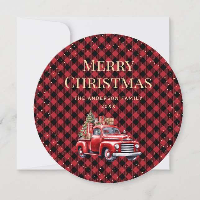 Retro Red Truck Buffalo Plaid Merry Christmas Card (Front)
