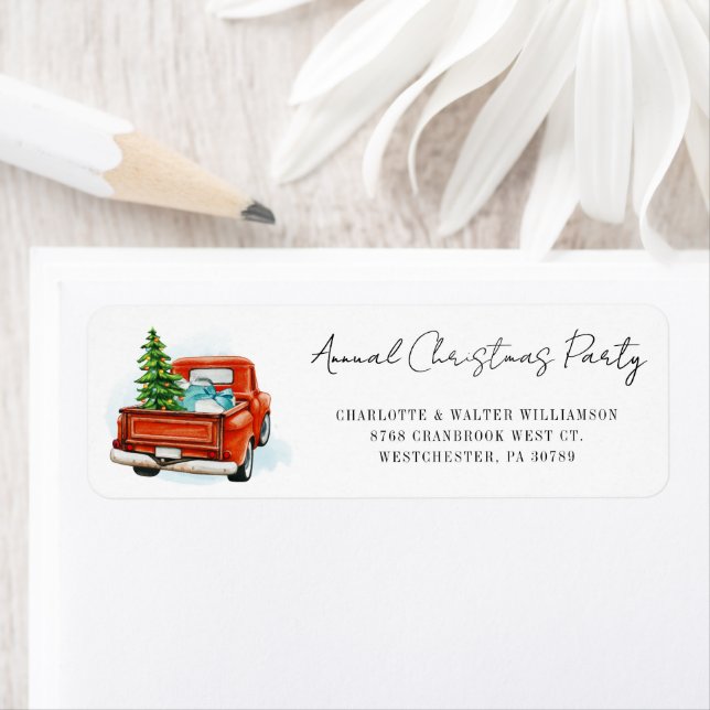 Retro Red Truck Christmas Party Return Address Label (Insitu)