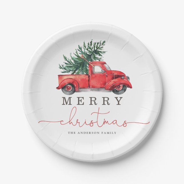 Retro Red Truck & Christmas Pine Tree Paper Plate (Front)