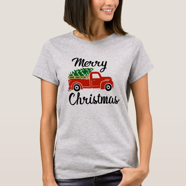 Retro Red Truck Christmas T-Shirt (Front)