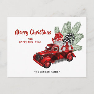 Retro Red Truck Gnomes Christmas Holiday Greeting Postcard