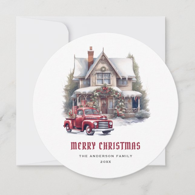 Retro Red Truck Merry Christmas Card (Front)