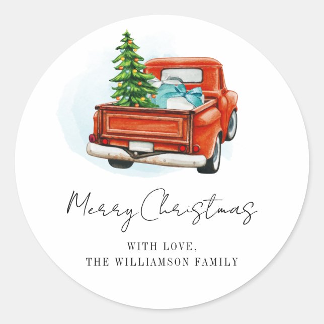 Retro Red Truck Merry Christmas Custom Classic Round Sticker (Front)
