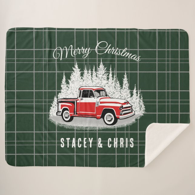 Retro Red Truck Merry Christmas Sherpa Blanket (Front (Horizontal))