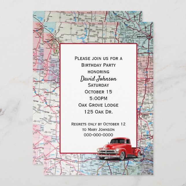 Retro Red Truck on Map For Party Invitation (Front/Back)