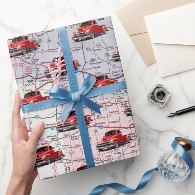 Retro Red Truck on Road Map Wrapping Paper (Gifting)