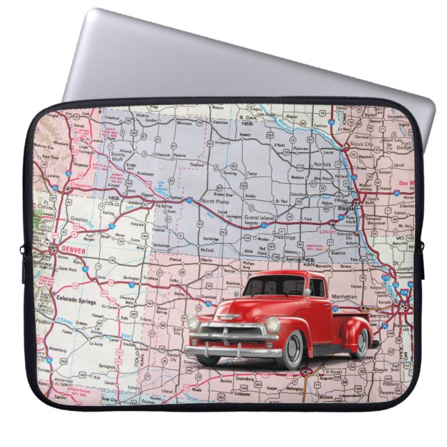 Retro Red Truck on USA Map Laptop Sleeve (Front)