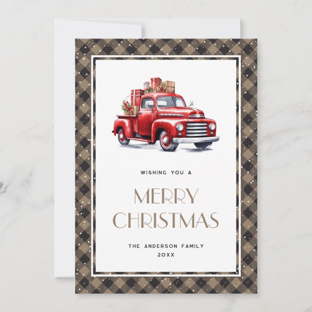 Retro Red Truck Plaid Merry Christmas Card (Front)