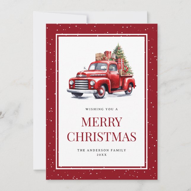 Retro Red Truck Tree Snowy Merry Christmas Card (Front)