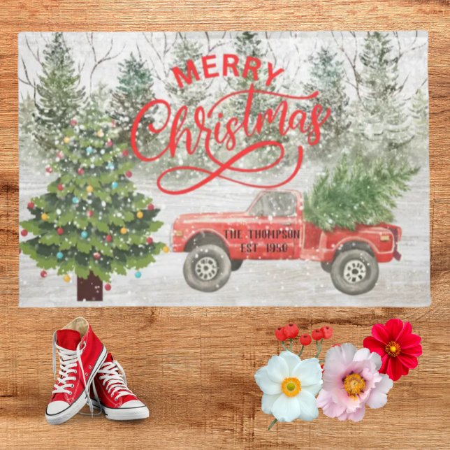 Retro red tuck rustic winter family name Xmas tree Doormat (Creator Uploaded)