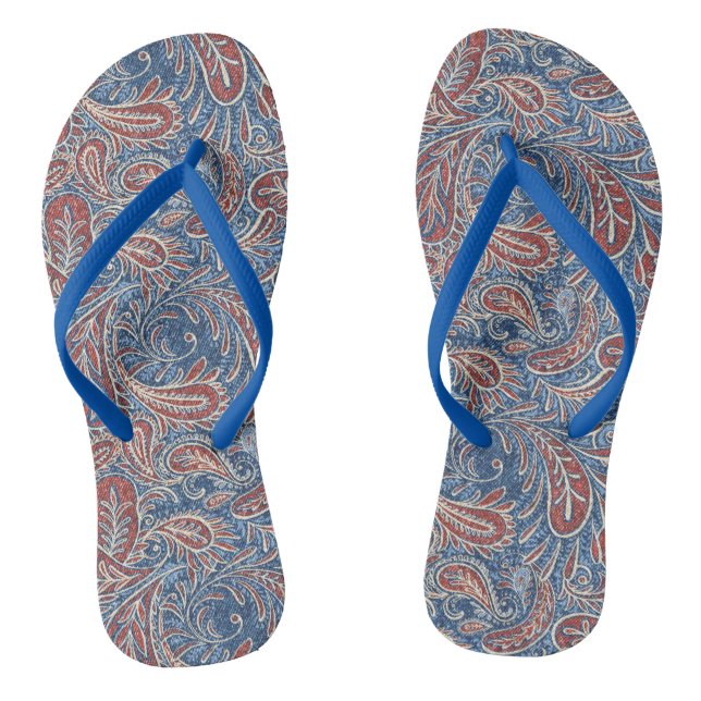 Retro Red, White and Blue Paisley Pattern Thongs (Footbed)