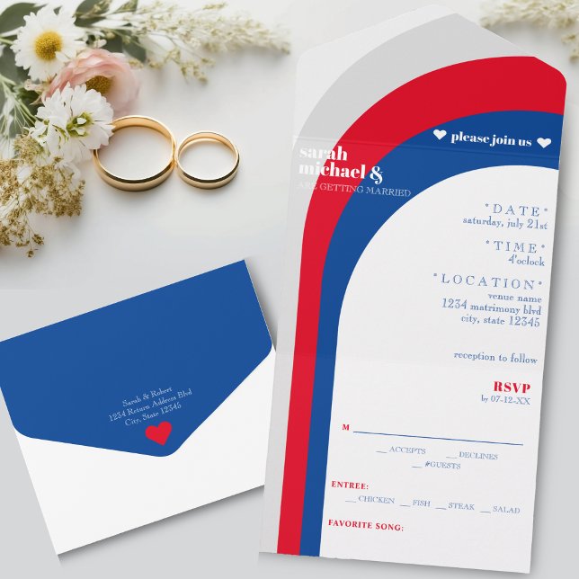 Retro Red White & Blue Curved Arch Stripe Wedding All In One Invitation (Retro Red White & Blue Curved Arch Stripe Wedding All In One Invitation)