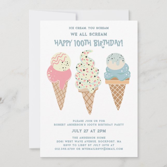 Retro Red White Blue Ice Cream Cone 100th Birthday Invitation (Front)