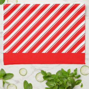 Retro Red White Diagonal Candy Stripes Pattern Tea Towel