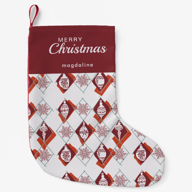 Retro Red White Merry Christmas Botanical Small Christmas Stocking (Front)