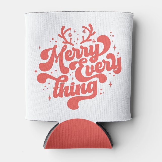 Retro Red White Merry everything Merry Christmas  Can Cooler (Front)