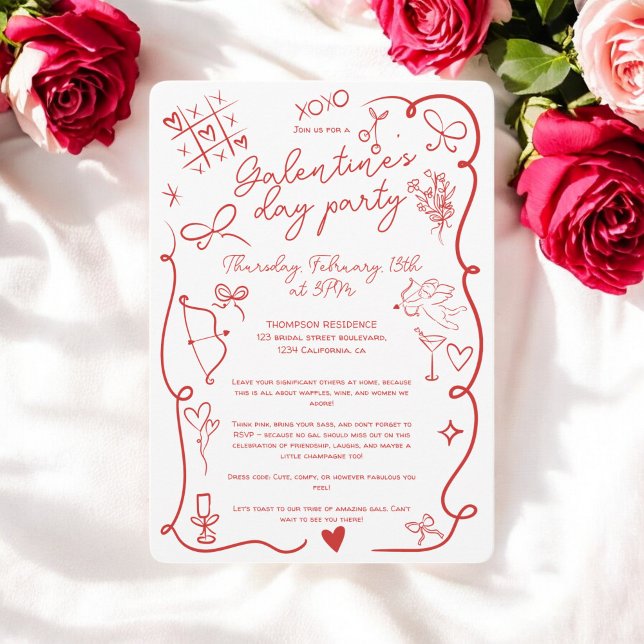 Retro Red white Quirky Galentine's Day Party  Invitation (Retro Red white Quirky Galentine's Day Party Invitation)