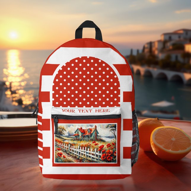 Retro Red White Striped Artistic Photo Printed Backpack (Red and white backpack featuring a retro striped design with polka dots and your photo)