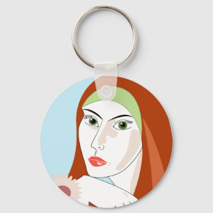 Retro Redhead Floral Fashion Portrait Art Key Ring