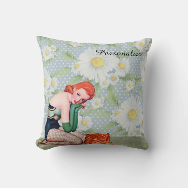 Retro Redhead Pin-up Girl Throw Pillow 16" x 16" (Front)