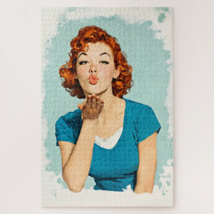 Retro Redhead Sending Sweet Kiss Jigsaw Puzzle