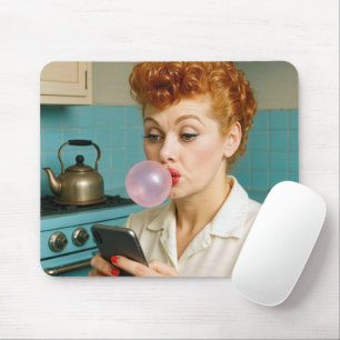 Retro Redhead Texting On a Cell Phone Mouse Pad