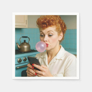 Retro Redhead Woman Texting On a Cell Phone Napkin
