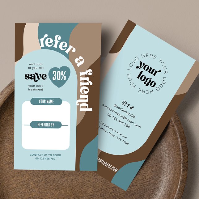 Retro Refer a Friend Groovy Logo Beauty Salon Referral Card (Trendy retro 'refer a friend' cards with your logo and custom rewards discount)