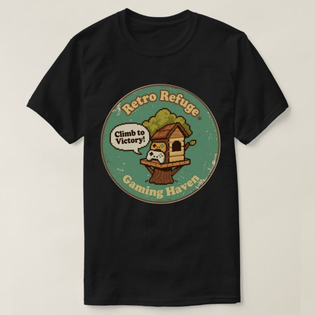 Retro Refuge Gaming Haven Pixel Treehouse T-Shirt (Design Front)
