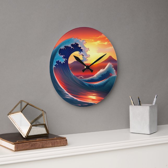 Retro Reimagining of The Great Wave Off  Large Clock (Office)