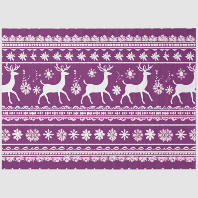 Retro Reindeer and Snowflakes Purple Christmas Tissue Paper (Front)