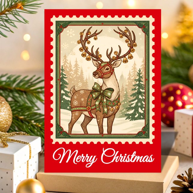 Retro Reindeer Christmas Postage Stamp Holiday Card (Creator Uploaded)