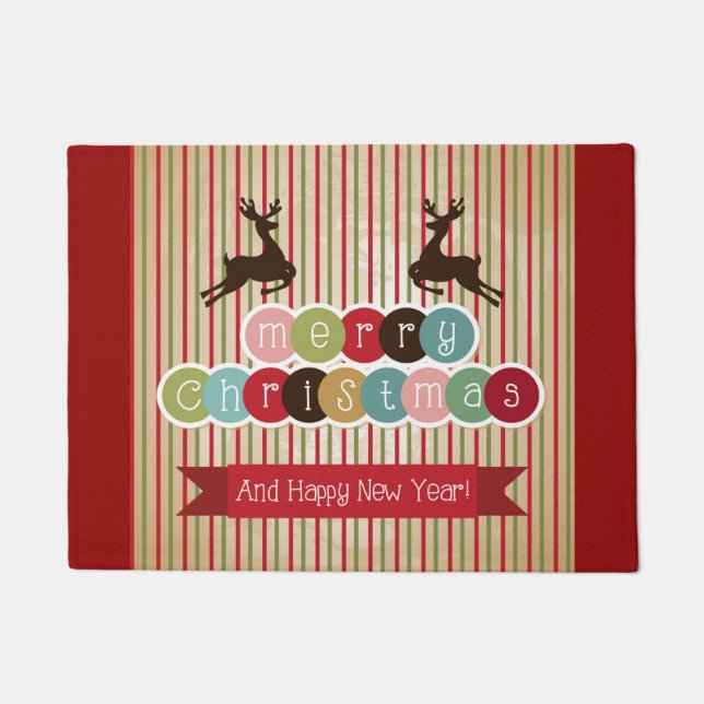 Retro Reindeer Merry Christmas Happy New Year Doormat (Front)