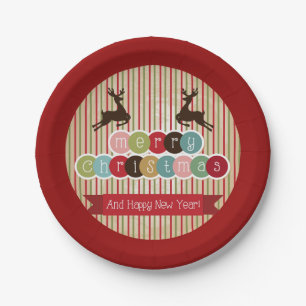 Retro Reindeer Merry Christmas Happy New Year Paper Plate