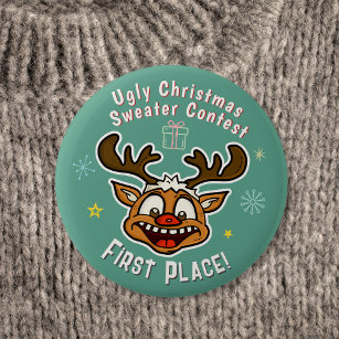 Retro Reindeer Ugly Christmas Sweater Contest 1st 6 Cm Round Badge