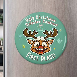 Retro Reindeer Ugly Christmas Sweater Contest 1st Magnet