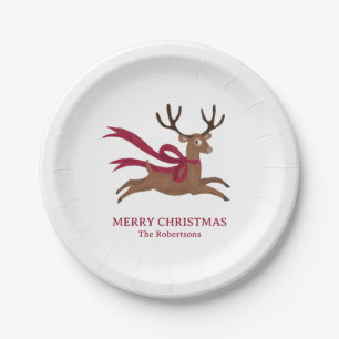 Retro Reindeer Wearing Red Scarf Vintage Style Paper Plate