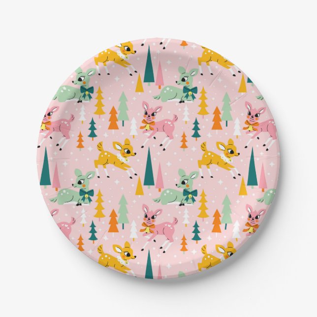 Retro Reindeer Wonderland Holiday Pattern Paper Plate (Front)