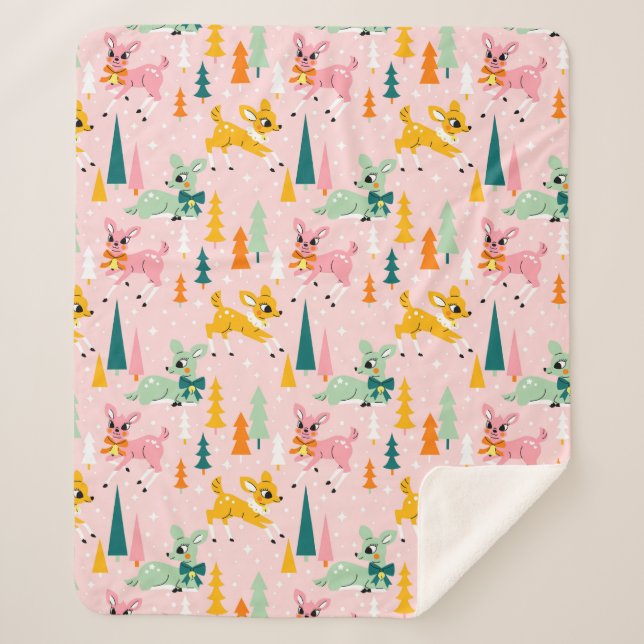 Retro Reindeer Wonderland Holiday Pattern Sherpa Blanket (Front)