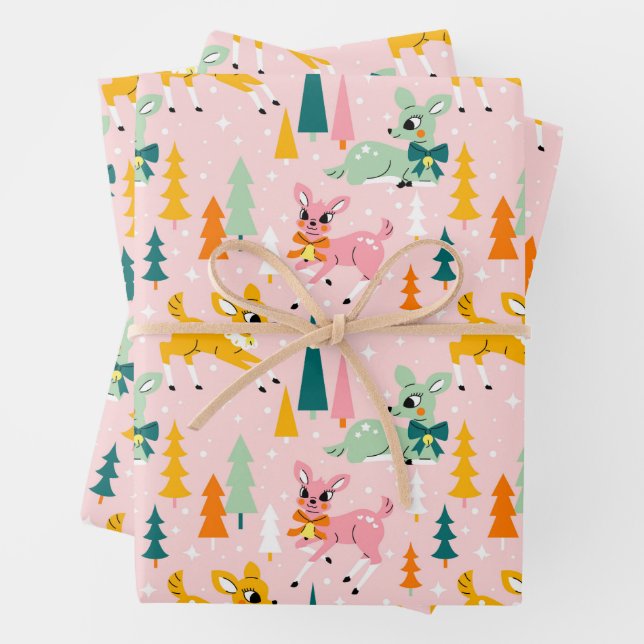 Retro Reindeer Wonderland Holiday Pattern Wrapping Paper Sheet (In situ)