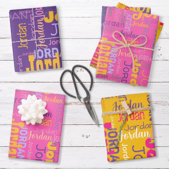 Retro Repeating Name Colours Pink Purple Yellow Wrapping Paper Sheet (Set includes three sheets - one of each color.)