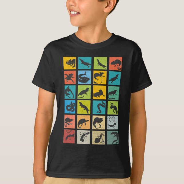 Retro Reptiles Art Snake Gecko Chameleon Colourful T-Shirt (Front)