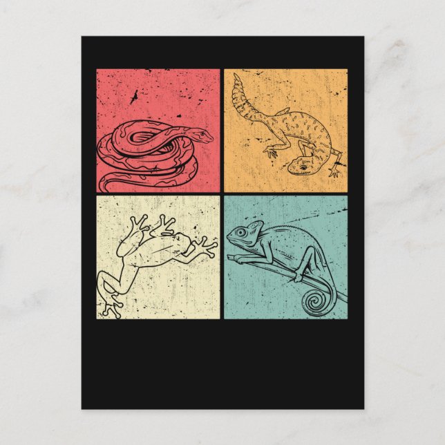 Retro Reptiles Snake Gecko Frog Chameleon Postcard (Front)