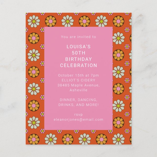 Retro Retro Flower Orange Birthday Party Invite (Front)