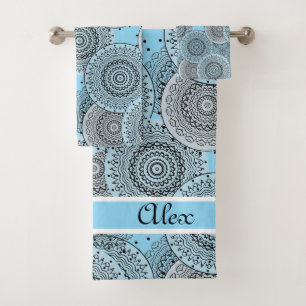 Retro, retro pattern, blue and grey, elegant bath towel set