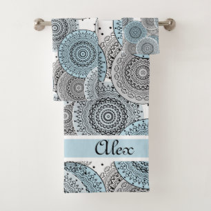 Retro, retro pattern, blue and grey,  elegant bath towel set