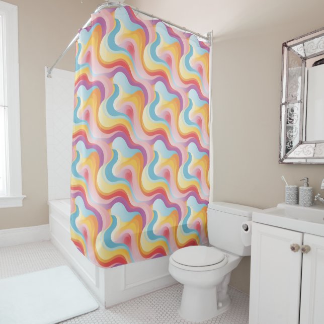Retro Revival Abstract Boho Rainbow Wave Shower Curtain (In Situ)
