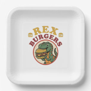 Retro Rex Burgers T-Rex Eating Cheeseburger 70s Paper Plate