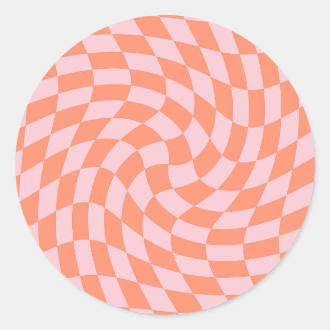 Retro Rhubarb Pastel Warped Checks Chequered  Classic Round Sticker (Front)